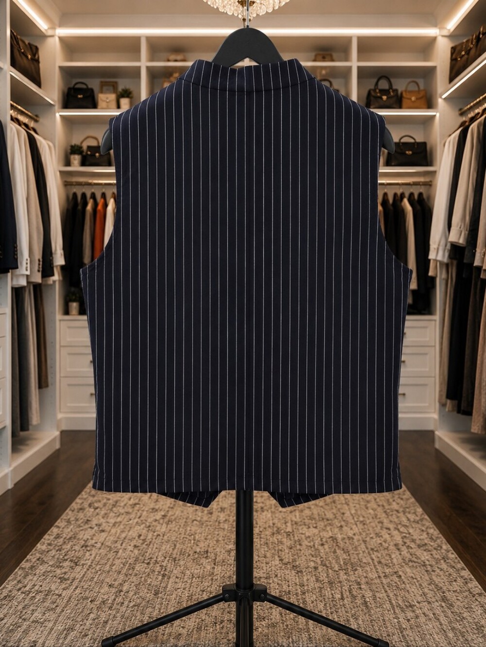 Womens Top And Pants Set. Navy Pinstripe Vest - Classic Tailored Waistcoat
